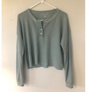 NWOT Cropped Long- Sleeve Henley T-shirt - Light Teal